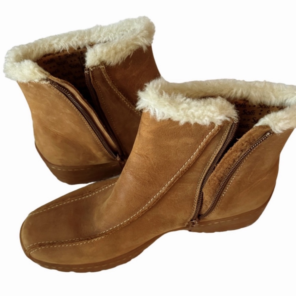Sofft Tan Nubuck Shearling Trimmed Ankle Boots Size 8.5 - Picture 9 of 16